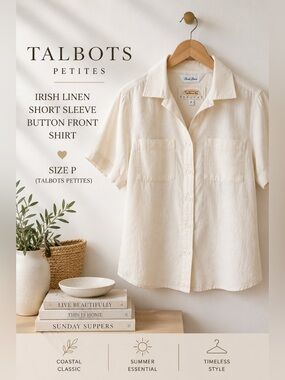 Talbots Petites Irish Linen Short Sleeve Button Front Shirt Size P